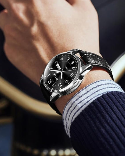 Mens Leather Watch Large Face Classic Quartz Mens Analog Watches Luxury Dress Watches for Men Waterproof Men's Wrist Watch Easy Read with Date Number Dial Relojes para Hombre