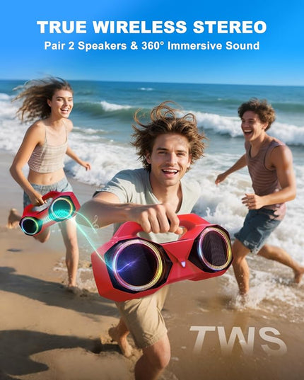 OZJ Bluetooth Speaker 80W(Peak) Loud with Bass, 20H Playtime, IPX7 Waterproof, RGB Lights, TWS, Large Portable Wireless Speakers for Outdoor, Home, Party, Pool, Beach, Tailgating, Gym, Work (Red)