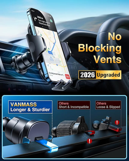[2026 True Military-Grade] Car Phone Holder VANMASS [Upgraded Strongest Suction & Clip] Cell Phone Mount for Dashboard Windshield Vent Wall,Truck Cradle Stand for iPhone 17 Pro Max 16 15 14 13 Android