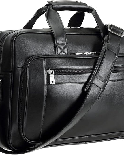 Men's Solid Thick Full Grain Leather 17.3" Laptop Briefcase Classic Messenger Bag Fit Business Travel | Solid, Thick, Full Grain Leather, 17.3", Classic, Fit, Business Travel