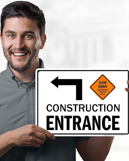 Slow Down Construction Entrance Ahead With Left Arrow Sign, 10x14 Inches, Rust Free .040 Aluminum, Fade Resistant, Made in USA by My Sign Center