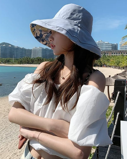 HUAMULAN Women Summer Sun Hat Wide Brim Wired Edge Floral Beach Bucket Hats Reversible Foldable Travel UV Protection Lady Hat
