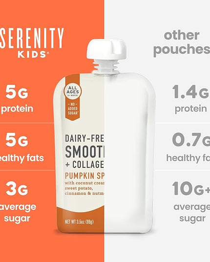 Serenity Kids 6+ Months Pumpkin Smoothie Baby Food Pouches - USDA Organic Pumpkin Spice Smoothie with Grass-Fed Collagen - No Added Sweeteners in Toddler Food - 3.5 Oz, 6 Pack