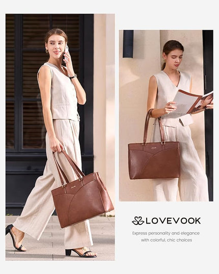 LOVEVOOK Laptop Bag for Women,17.3Inch Work Teacher Bags Leather Tote Bag Briefcase Waterproof Computer Bag for Women，Brown