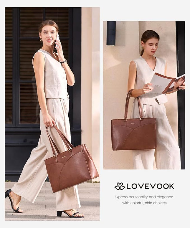 LOVEVOOK Laptop Bag for Women,15.6 Inch Work Teacher Bags Leather Tote Bag Briefcase Waterproof Computer Bag for Women，Brown