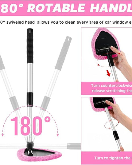 Baderke 10 Pcs Windshield Cleaner Tool Car Window Cleaning Supplies with Extendable Handle Include 6 Washable Microfiber Bonnets 2 Empty 60ml Spray Bottle Glass Wiper Kit(Pink)