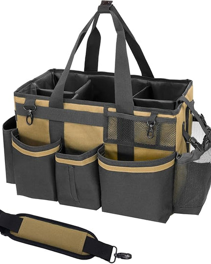 Wearable Cleaning Caddy Organizer with Handle & Shoulder Straps for Housekeepers, Under Sink & Car Cleaning Tool Organizer Bag with 4 Foldable Dividers (Tan)