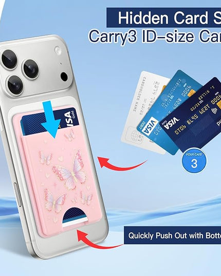 Stronger Magnetic Card Slot Wallet for iPhone 17/16/15/14/13/12 Series (Not for 13/12 Mini), Butterfly Pattern Hard Card Holder Fit 3 Cards Compatible with Magsafe Accessories, Pink