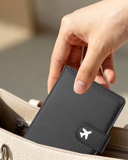 Passport Holder, Travel Wallet Cover with Pen Loop | Cute RFID Blocking Leather Case with Magnetic Closure for Travel Essentials-Black