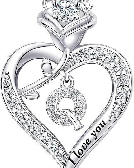 Rose Heart Pendant Necklace Gifts for Wife, Engraved 'I love you' Gift for Wife Girlfriend, Anniversary Birthday Eternity Jewelry Present for Women, Moissanite Necklace Gift for Her