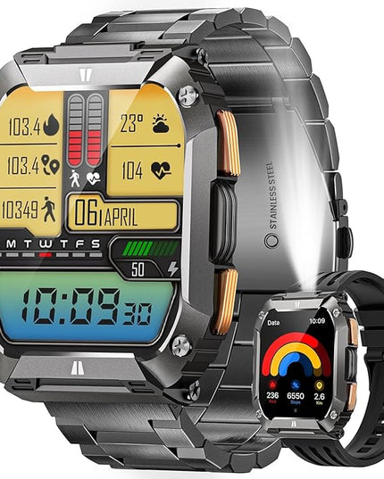 Smart Watches for Men, 1.95'' Fitness Watch: Military Smart Watch with 100 Days Battery Life/Call/Flashlight, Waterproof Sport Smartwatch for Android iPhone Sleep/SpO2/Heart Rate Monitor/Step Tracker