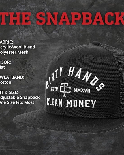 TROLL CO. CLOTHING Dirty Hands Clean Money Meshback Hat - Black, Adjustable Snapback, Curved Brim, One Size Fits Most