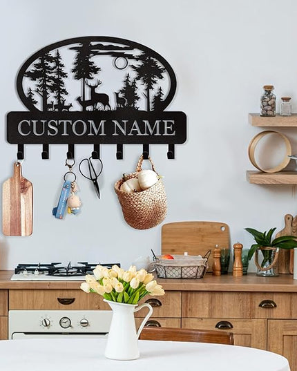Dyoart Personalized Key Holder for Wall, Custom Metal Deer Cabin Key Hooks with Name, Metal Key Holder Hooks Organizer Rack, Key Hanger Decor for Kitchen, Entryway, Hallway, Office, Doorway