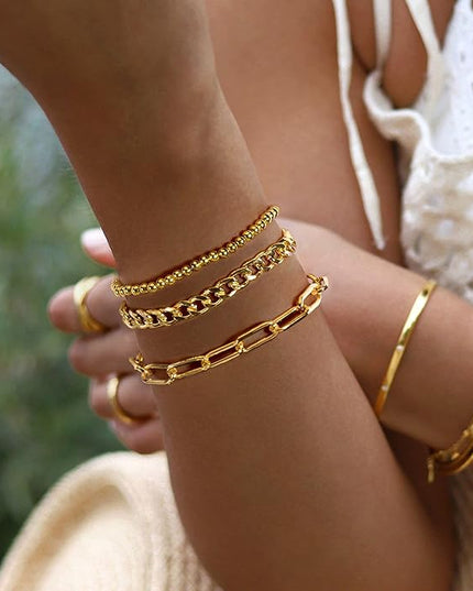 Waterproof Gold Chain Bracelet For Women Non Tarnish,14K Gold Plated Link Dainty Bracelets Stake Layered Bracelet Set Hypoallergen Gold Jewelry