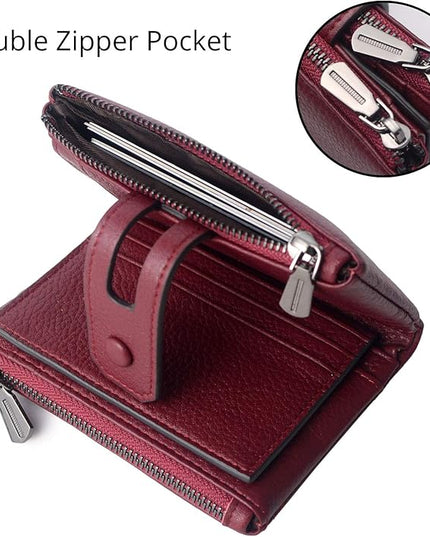 Bveyzi Small Soft Leather Wallet for Women RFID Blocking Ladies Card Holder with Double Zipper Pocket