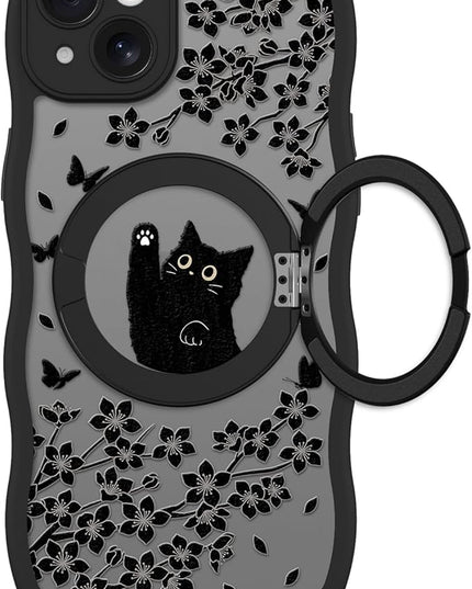 Wavy Case for iPhone 14 Case with Stand [Compatible with MagSafe] Cute Black Cat & Floral & Butterflies Pattern Design, Kawaii 360 Magnetic Ring Kickstand Phone Cover for Women Girls