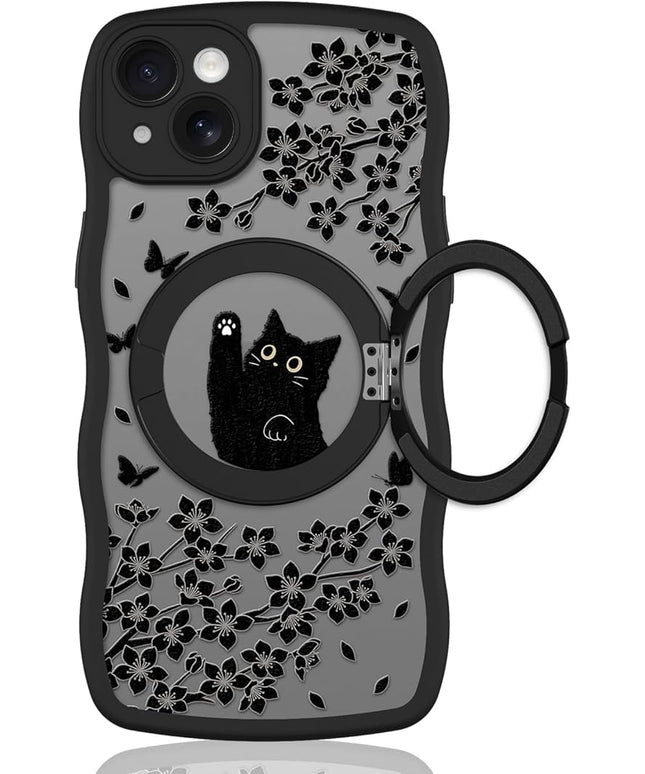 Wavy Case for iPhone 14 Case with Stand [Compatible with MagSafe] Cute Black Cat & Floral & Butterflies Pattern Design, Kawaii 360 Magnetic Ring Kickstand Phone Cover for Women Girls
