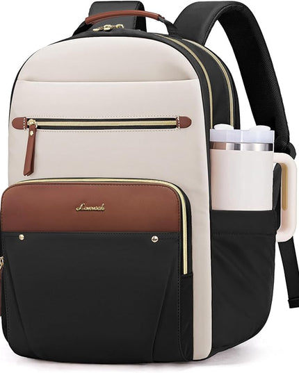 LOVEVOOK Laptop Backpack for Women, 17.3" Work Business Computer Backpack,Casual Daypack Purse, Travel Personal Item Bag for Gift, Cream Chestnut Brown