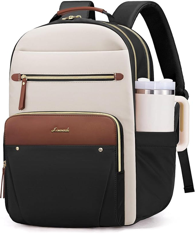 LOVEVOOK Laptop Backpack for Women, 17.3" Work Business Computer Backpack,Casual Daypack Purse, Travel Personal Item Bag for Gift, Cream Chestnut Brown