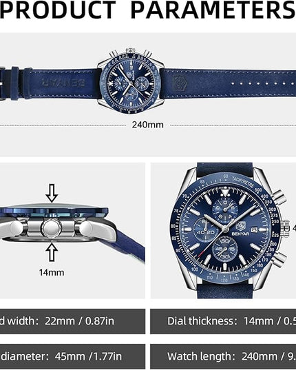 BY BENYAR Watch for Men Analog Quartz Chronograph Waterproof Luminous Designer Mens Wrist Watches Business Work Sport Casual Dress Watch with Silicone Strap Elegant Gifts for Men