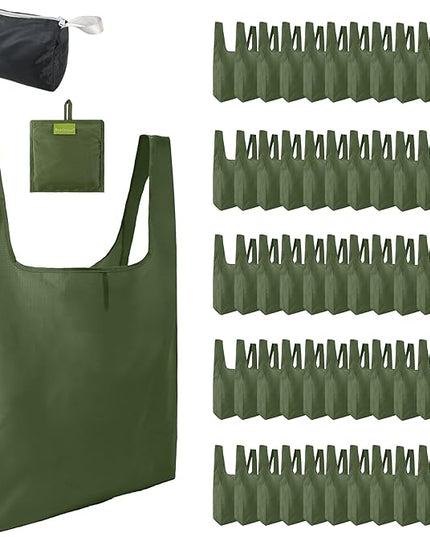 BeeGreen Green Reusable Grocery Bags Wholesale Moss Green Reusable Kitchen Bags Bulk Foldable-Machine Washable with Zipper Storage Pouch 50 Packs