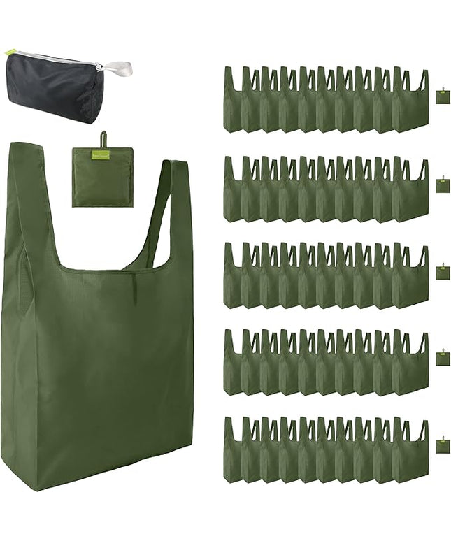 BeeGreen Green Reusable Grocery Bags Wholesale Moss Green Reusable Kitchen Bags Bulk Foldable-Machine Washable with Zipper Storage Pouch 50 Packs