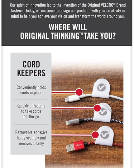 VELCRO Brand Cord Keepers | Soft Nylon Cable Clips Organize Wires in Home, Office, Desk or Nightstand | Removable Adhesive Back Holds Secure, Removes Clean | 10pk, White