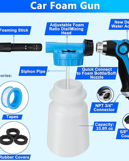 THINKWORK Car Wash Kit, Car Detailing Kit with Foam Gun, Car Wash Brush Mop and Large Folding Bucket Suitable for Car Cleaning, Blue Car Wash Set Gift for Men and Women
