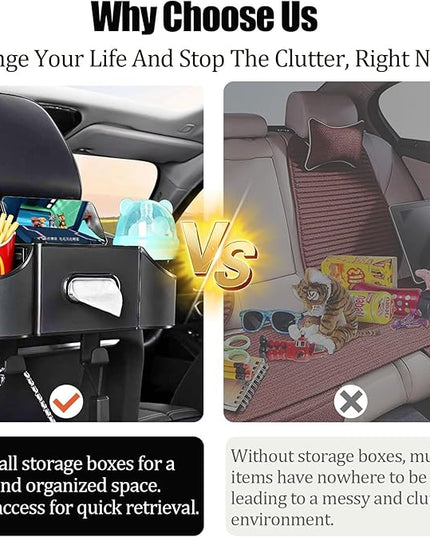 Back Seat Car Organizer,4 in 1 Multifunctional Car Back Seat Storage Box with Drink Cup Holder Tissue Box, for Hold Phone,Snacks, Drinks, Handbag-Black
