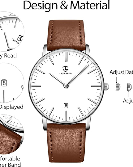 L LAVAREDO Watch for Men, Extremely Thin Mens Watches Minimalist Analog Men's Leather Wrist Watches with Time/Date, Birthday Gift for Men Boyfriend