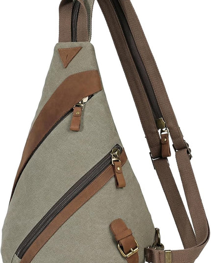 KL928 Canvas Sling Bag for Men Women, Genuine Leather Design Shoulder Crossbody Bags Backpacks Travel Daypack with Earphone Hole Rucksack, Olive Green