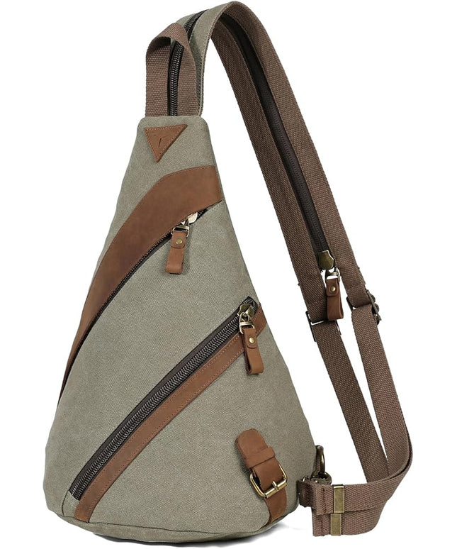 KL928 Canvas Sling Bag for Men Women, Genuine Leather Design Shoulder Crossbody Bags Backpacks Travel Daypack with Earphone Hole Rucksack, Olive Green