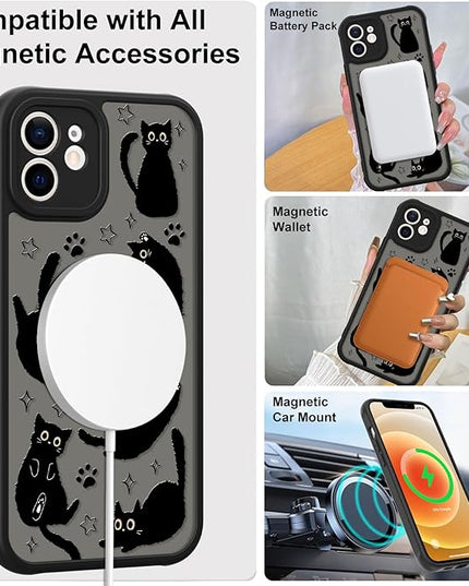 Cute Magnetic Case for iPhone 12 Case [ Compatible with MagSafe ] with Black Cat Cats Pattern Design for Women Girls Boys, Soft Bumper Hard Back Kawaii Animal Protective Phone Cover