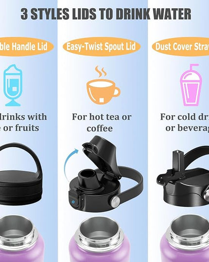 Water Bottle Insulated 32oz 40oz 64oz 128oz Straw Lid Spout Lid & 3 Lids, Leak Proof, Vacuum Insulated,Stainless Steel Water Bottle Wide Mouth for Sports, Gym or Office