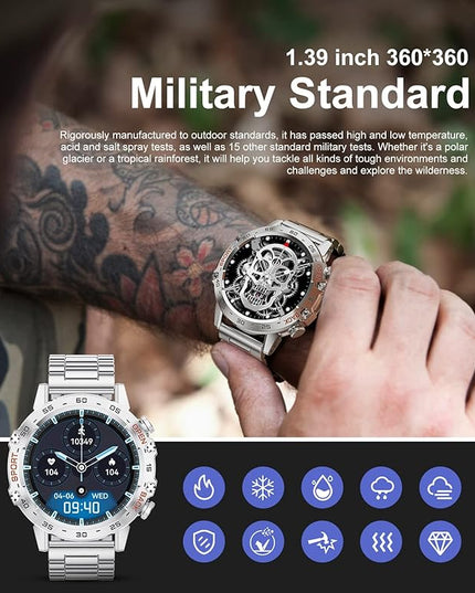 Military Smart Watch for Men(Answer/Dial Calls),1.39''HD Touchscreen,5ATM Waterproof Fitness Watch,100 Sports Modes, with Heart Rate/SpO2 for Android/iOS Smart Watch Silver