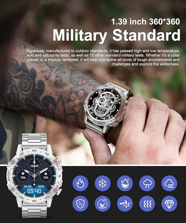 Military Smart Watch for Men(Answer/Dial Calls),1.39''HD Touchscreen,5ATM Waterproof Fitness Watch,100 Sports Modes, with Heart Rate/SpO2 for Android/iOS Smart Watch Silver