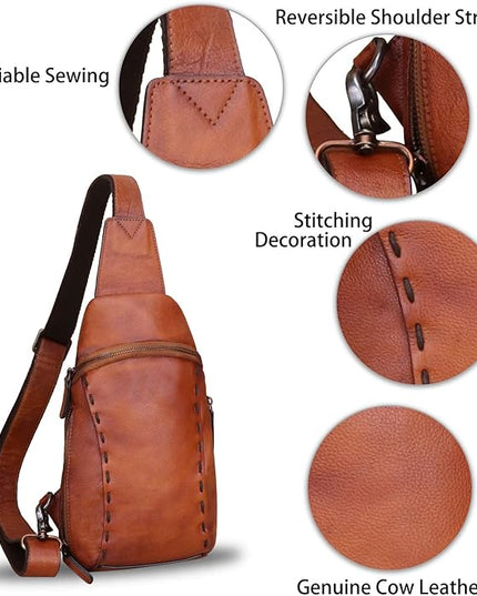 LRTO Genuine Leather Silng Bag for Women and Men Vintage Real Leather Sling Backpack Shoulder Crossbody Bag Chest Purse