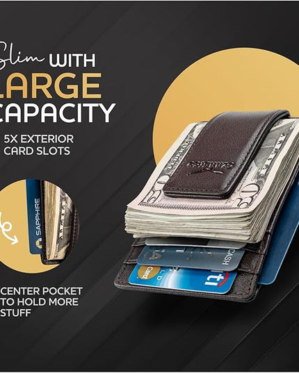 Money Clip Leather Wallet For Men Slim Front Pocket RFID Blocking with Super Strong Magnetic