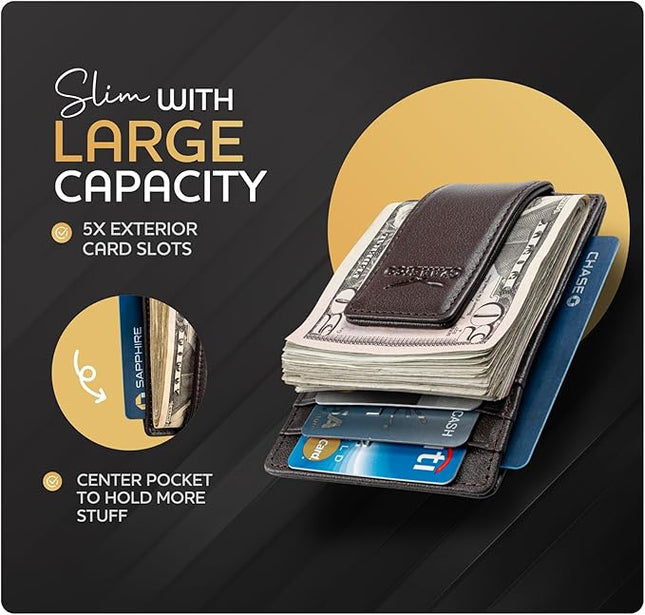 Money Clip Leather Wallet For Men Slim Front Pocket RFID Blocking with Super Strong Magnetic