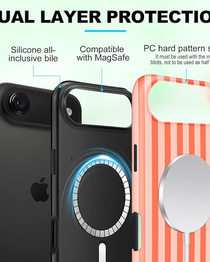 Magnetic for iPhone 17 Air Case Cute Stripes Phone Case, Shockproof Slim TPU and Hard PC Protective Phone Cover Compatible with MagSafe Designed for Women Girls, Deep Orange