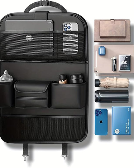 2 Pack Leather Car Backseat Organizer with Foldable Table Tray, Car Storage Organizer with Tablet Holder, Car Seat Back Protectors Kick MatsTravel Accessories