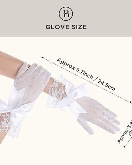 Lace Gloves for Women - Short Bow Rhinestone Tulle Sheer Sparkly Evening Stretchy Gloves for Wedding Opera Party