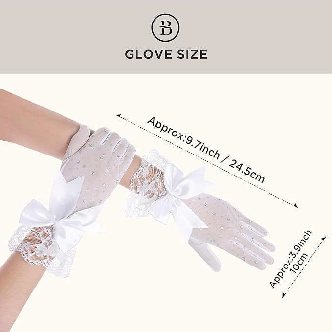 Lace Gloves for Women - Short Bow Rhinestone Tulle Sheer Sparkly Evening Stretchy Gloves for Wedding Opera Party