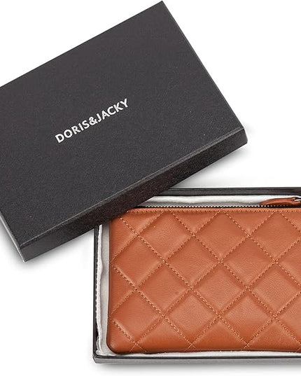 DORIS&JACKY Soft Lambskin Leather Coin Purse Small Quilted RFID Blocking Top Zipper Wallet With Key Chain