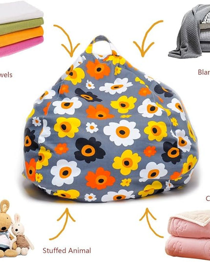 YuppieLife Kids Storage Bean Bag Cover（No Filling）Toy Organizer|Carrying Handle Sofa|Available for Kids and Teenager|Cuddle Chair|Machine Washable and Durable（27“,Grey Flora）