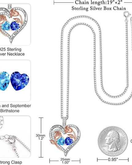 Iefil Christmas Gifts for Women Wife - 925 Sterling Silver Rose Heart Birthstone Necklace Birthday Anniversary Jewelry Gifts for Her Wife Mom Daughter