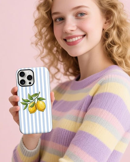 Magnetic for iPhone 16 Pro Case Cute Lemon Stripes Phone Case, Shockproof Slim TPU and Hard PC Protective Phone Cover Compatible with MagSafe Designed for Women Girls, Blue