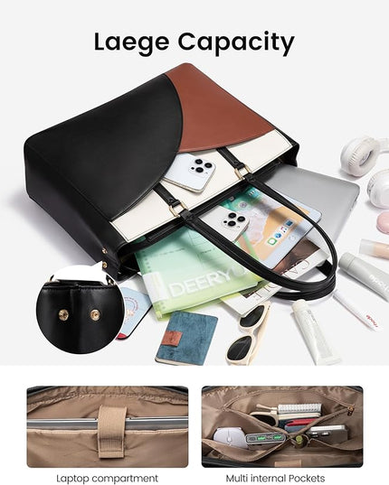 LOVEVOOK Laptop Bag for Women,17.3Inch Work Teacher Bags Leather Tote Bag Briefcase Waterproof Computer Bag for Women，Black-White-Brown