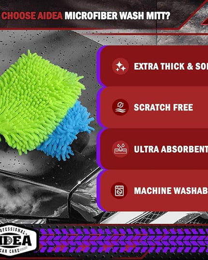 AIDEA Car Wash Mitt Microfiber, 2PK Scratch Free Lint-Free, Premium Chenille Microfiber Mitt Car Wash Brush, Green & Blue, Regular Size 7.12''X10.14''