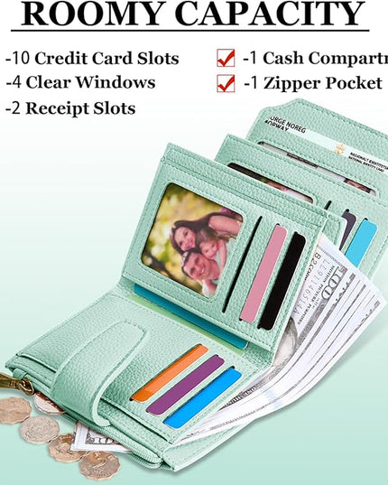 Airkit Small Wallet Women RFID Blocking Soft Leather Bifold Compact Card Holder Wallet for Women with Zipper Coin Pocket 4 ID Window